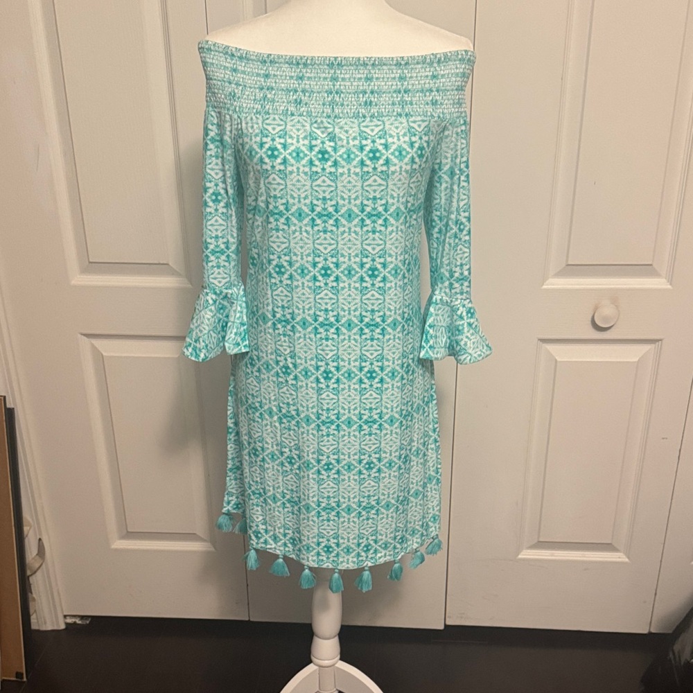Cabana Life Aqua Patterned Long Sleeve Dress
